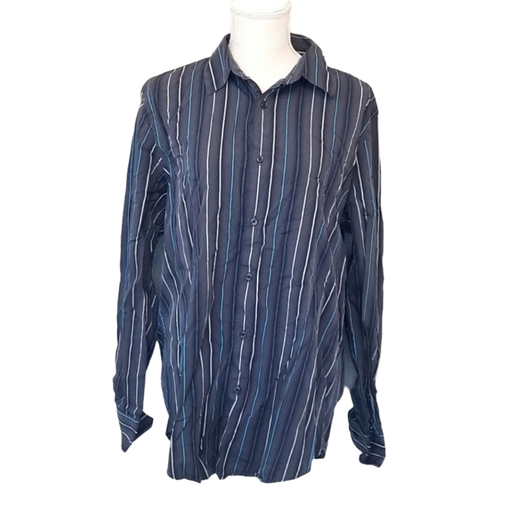 Attention Men Large Gray Blue Stripes Button Down Long Sleeve Shirt